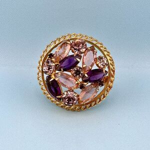 Vintage Rhinestone Brooch Round Pink Purple Marquise Stones Open Back Gold Tone